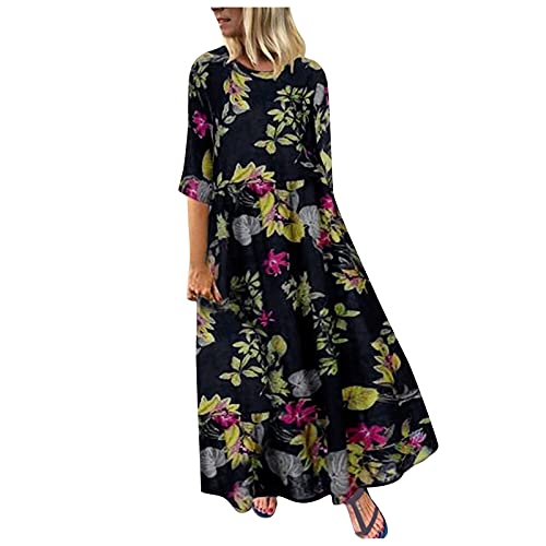 Lazzboy Maxikleid Frauen Casual 3/4 ärmel Floral Printed Holiday Bohemian Loose Kaftan Kleid Damen Lang Maxikleider Boho Langarm Kleider Freizeitkleid Vintage Langes Tunika (Blau,XL) von Lazzboy