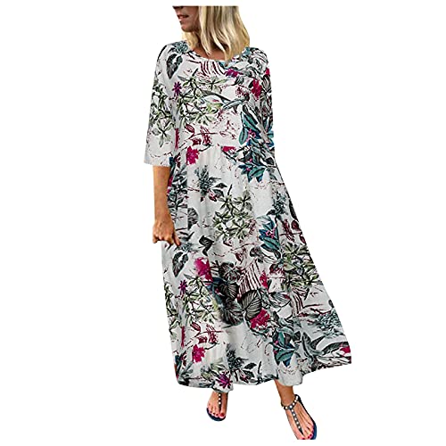 Lazzboy Maxikleid Frauen Casual 3/4 ärmel Floral Printed Holiday Bohemian Loose Kaftan Kleid Damen Lang Maxikleider Boho Langarm Kleider Freizeitkleid Vintage Langes Tunika (Rosa,L) von Lazzboy