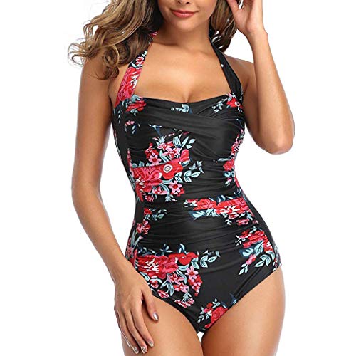 Lazzboy Monokini Damen Einteilige Bademode Rückenfrei Frauen One Piece Push Up Gepolsterte Bikini Badeanzug Schwimmanzug Retro Verstellbarer Schultergurt Badeanzüge(Rote Blumen,M) von Lazzboy