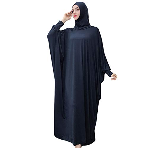 Lazzboy Muslim Frauen Einfarbig Kopfbedeckungen Moschee Fledermaus ärmel Strickjacke Ramadan Kleid Ethnische Roben Damen Sommer Muslimische Kleider Spitze Getrimmt Vorne Abaya Maxi Kaftan(Marine) von Lazzboy