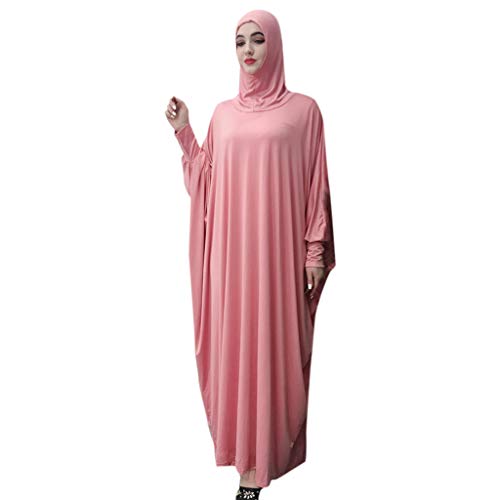 Lazzboy Muslim Frauen Einfarbig Kopfbedeckungen Moschee Fledermaus ärmel Strickjacke Ramadan Kleid Ethnische Roben Damen Sommer Muslimische Kleider Spitze Getrimmt Vorne Abaya Maxi Kaftan(Rosa) von Lazzboy