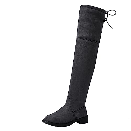 Lazzboy Overknee-Stiefel Damen Blockabsatz Schleifen Flandell Lange Stiefel Schnürstiefel Langschaftstiefel Wildleder Warme Kniehoch (Grau,42) von Lazzboy