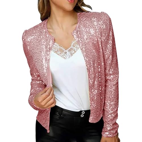 Lazzboy Pailletten Blazer Damen Glitzer Jacke Cardigan Langarm Party Club Tailliert Anzugjacke Outfits Clubwear Offene Festlich Bolero Glänzend Karneval Fasching Kostüm (Rosa,L) von Lazzboy