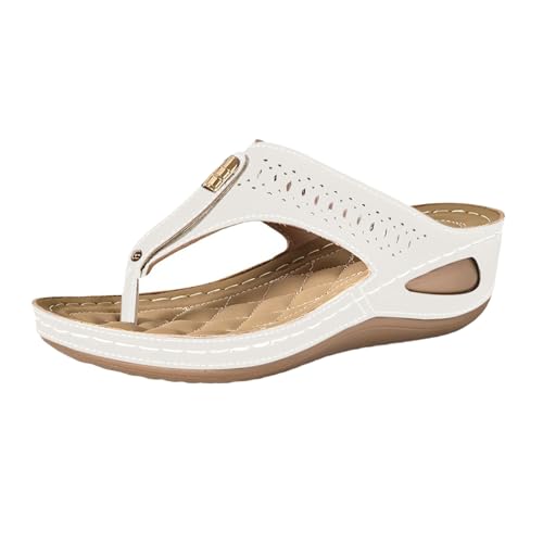 Pantoffeln Damen Zehentrenner Keilhacker Dicke Tanga Sandalen Schuhe Mit Fussbett Orthopädische Hausschuhe Flip Flops Walking Für Arch Support Strand rutschfest Feste Weiche Sohle (Weiß,39) von Lazzboy