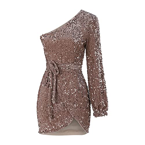 Lazzboy Partykleider Für Damen Pailletten Kurz- Und Langarm EIN Schulter Unregelmäßiges Kleid Glitzer Kleider Partykleid V-Ausschnitt Festlich Glänzende Cocktailkleider Club (Roségold,L) von Lazzboy