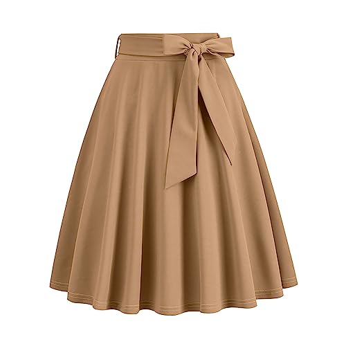 Lazzboy Rock Damen Swing 50s Retro Vintage Rockabilly Knielang Festliche Röck Mit Gürtel Faltenrock Hohe Taille Glockenrock Vinatge Sommer Bow Belt Retro Pocket A Line Skirt (Khaki,M) von Lazzboy