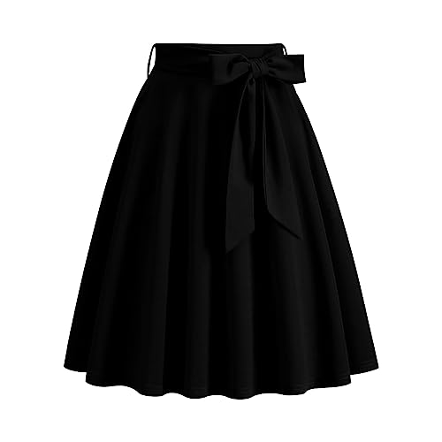 Lazzboy Rock Damen Swing 50s Retro Vintage Rockabilly Knielang Festliche Röck Mit Gürtel Faltenrock Hohe Taille Glockenrock Vinatge Sommer Bow Belt Retro Pocket A Line Skirt (Schwarz,L) von Lazzboy