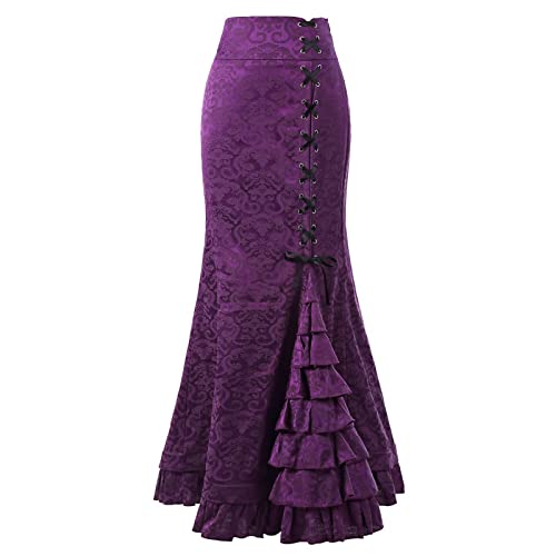Lazzboy Rock Damen Vintage Gothic Casual Jacquard Fischschwanzrock Karneval Kostüme Viktorianischer Steampunk Geraffter Lace Up Stufig Rüschen Meerjungfrau Punk Stil Lang Bodycon (Lila,M) von Lazzboy