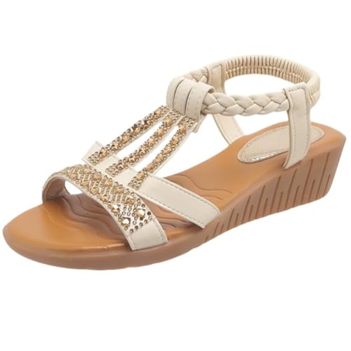 Lazzboy Sandalen Damen Mit Absatz Breite Füße Orthopädische Sommer Atmungsaktiv Slide Sport Freizeitsandale Mit Weiche Fussbett Bequem Sommerschuhe Plateau Sandale Strand Schuhe (Beige,39) von Lazzboy