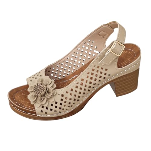 Lazzboy Sandalen Damen Mit Absatz Elegant Sommerschuhe Blumen Breite Füße High Heel Sandaletten Bequem Offene Zeh Schuhe Damensandalen Festliche Absatzschuhe Für Freizeit Party (Beige,39) von Lazzboy
