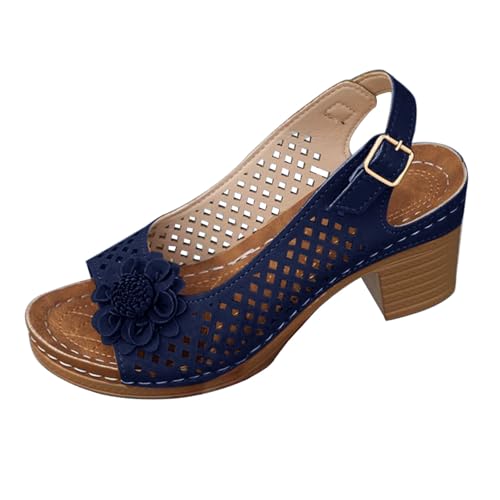 Lazzboy Sandalen Damen Mit Absatz Elegant Sommerschuhe Blumen Breite Füße High Heel Sandaletten Bequem Offene Zeh Schuhe Damensandalen Festliche Absatzschuhe Für Freizeit Party (Blau,40) von Lazzboy