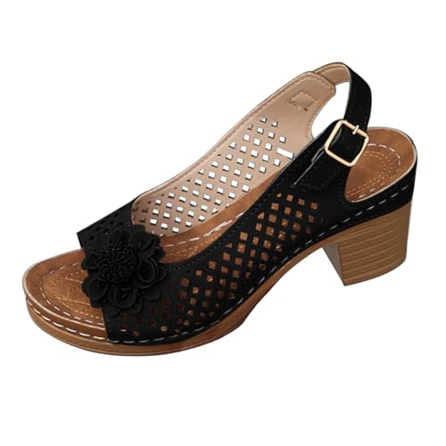 Lazzboy Sandalen Damen Mit Absatz Elegant Sommerschuhe Blumen Breite Füße High Heel Sandaletten Bequem Offene Zeh Schuhe Damensandalen Festliche Absatzschuhe Für Freizeit Party (Schwarz,38) von Lazzboy