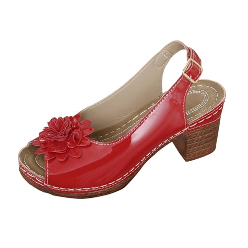 Lazzboy Sandalen Damen Mit Absatz Sommer Elegant Sommerschuhe Blumen Breite Füße Sandaletten Bequem Offene Zeh Schuhe Festliche Damenschuhe Hausschuhe Für Party, Abendkleid & Hochzeit (Rot,41) von Lazzboy