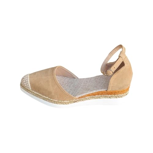 Lazzboy Sandalen Vorne Geschlossen Damen Espadrilles Für Keilabsatz Schuhe Elegant Leder Bequeme Rutschfeste Elastisch Slingback Sommer Lässige Urlaub Reise Sandaletten Mit Riemchen (Beige,40) von Lazzboy
