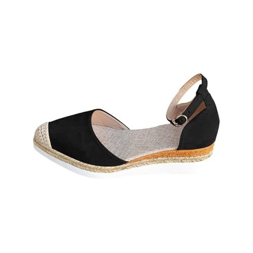 Lazzboy Sandalen Vorne Geschlossen Damen Espadrilles Für Keilabsatz Schuhe Elegant Leder Bequeme Rutschfeste Elastisch Slingback Sommer Lässige Urlaub Reise Sandaletten Mit Riemchen (Schwarz,36) von Lazzboy