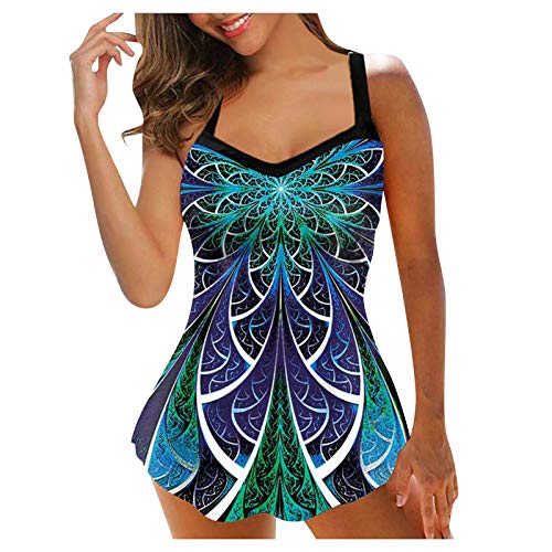 Lazzboy Schwimkleid Damen Frauen Plus Size Print Riemchen Zurück Tankini Set Zweiteilige Badeanzüge Badekleid Gepolstert Zweiteiliger Mit Shorts Bademode Große Schwimmrock (Grün,XL) von Lazzboy