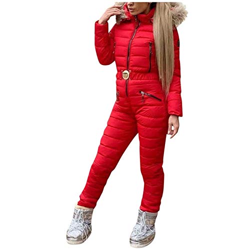 Lazzboy Skianzug Damen Schneeanzug Skioverall Skifahren Skianzüge Overall Jumpsuit Frauen Snowboard Skisuit Outdoor Sport Winter Warme Schnee Sätze Mit Kapuze (Rot,XL) von Lazzboy