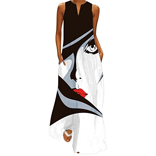 Lazzboy Sommerkleid Damen Maxikleid Schmetterling Blumen Drucken V-Ausschnitt Oversized Sommer Elegant Kleider ärmelloses Druck Maxi Lockeres Kleid Boho Strand Langes Mit Taschen (Schwarz,XL) von Lazzboy