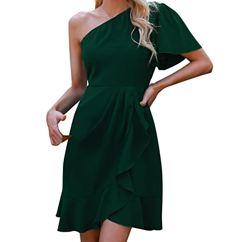 Lazzboy Sommerkleid Damen One Shoulder Kleid In Satinoptik Raffungen Beinschlitz Asymmetrischer Partykleid Cocktailkleid Midi Dress Frauen Sommer Rüschen Kurzarm Saum Minikleider (Grün,M) von Lazzboy