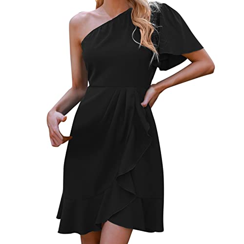 Lazzboy Sommerkleid Damen One Shoulder Kleid In Satinoptik Raffungen Beinschlitz Asymmetrischer Partykleid Cocktailkleid Midi Dress Frauen Sommer Rüschen Kurzarm Saum Minikleider (Schwarz,S) von Lazzboy