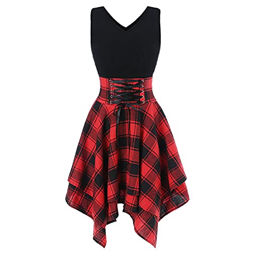 Lazzboy Sommerkleid Damen Plaid Printing Frauen ärmelloses Kaltes Schulter Kariertes Unregelmäßiges Kleid T-Shirt Asymmetrisch Minikleid Tunika Partykleid Blusekleid Hemdkleid (Rot,L) von Lazzboy