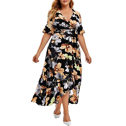 Lazzboy Sommerkleid Damen Plus Size Frauen Casual Boho Print Kurzarm Rüschen Blumen Unregelmäßiges Kleid Elegante Blumendruck Party Strand Langes Schulterfrei Strandkleid (Schwarz,4XL) von Lazzboy