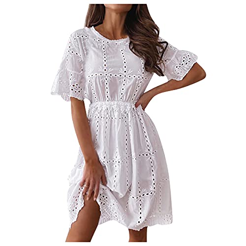 Lazzboy Sommerkleid Damen Sommermode Bestickt Kurzarm Rundhals Hohles Kleid Kleider Minikleid Babydoll Tunika Kurze Freizeitkleid A-line S-XL (Weiß,M) von Lazzboy