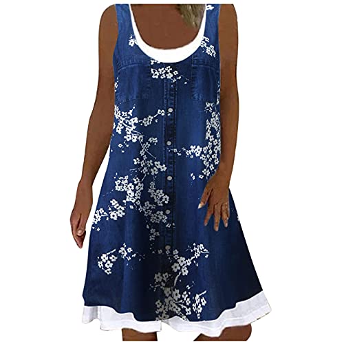 Lazzboy Sommerkleid Damen Strandkleider ärmelloses Blumendruck-Strand-langes Kleid Knielang Kleider Boho ärmellos U Hals High Waist Sommer Lang Abendkleider Partykleid (Dunkelblau,XXL) von Lazzboy