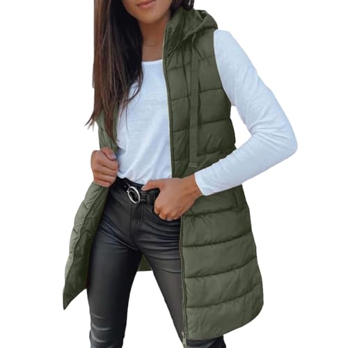 Lazzboy Steppweste Damen Lang Ärmellose Weste Mit Kapuze Steppmantel Warmer Wintermantel Reissverschluss Longweste Taschen Daunenweste Übergangsjacke Für Herbst Und Winter (Armeegrün,M) von Lazzboy