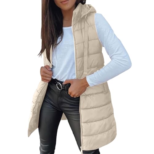 Lazzboy Steppweste Damen Lang Ärmellose Weste Mit Kapuze Steppmantel Warmer Wintermantel Reissverschluss Longweste Taschen Daunenweste Übergangsjacke Für Herbst Und Winter (Beige,M) von Lazzboy