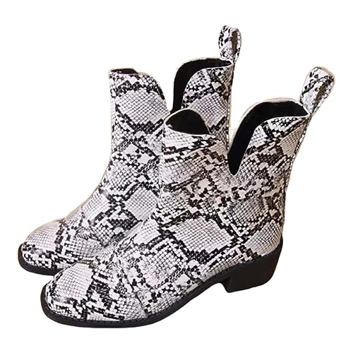 Lazzboy Stiefeletten Damen Herbst Schlangenleder-Print Stiefel Flache Biker Boots Knöchel Mit Blockabsatz Retro Kurze Absatz Reißverschluss Für Ankle Winterstiefel Knöchelschuhe (Weiß,41) von Lazzboy