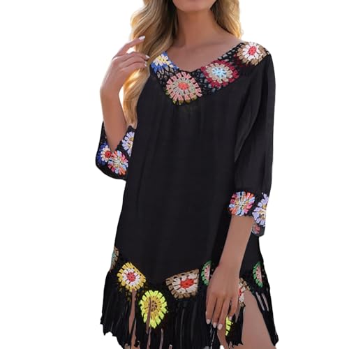 Lazzboy Strandkleid Damen Luftig Sommerkleid Strandtunika Strand Häkelkleid Strandcover-Up Strandkleidung Pareos Netzoberteil Spitzen-Kimono Strandponcho Für Damen Badeanzug Überwurf (Schwarz) von Lazzboy