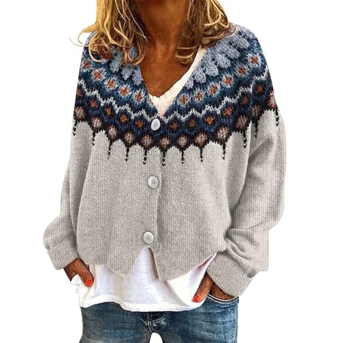 Lazzboy Strickjacke Damen Kurz Winter V-Ausschnitt Langarm Norwegermuster Strickmantel Lose Knopf Offene Gestrickte Cardigan Strickpullover Mantel Warme Winterpullover Oberteile (Weiß,L) von Lazzboy