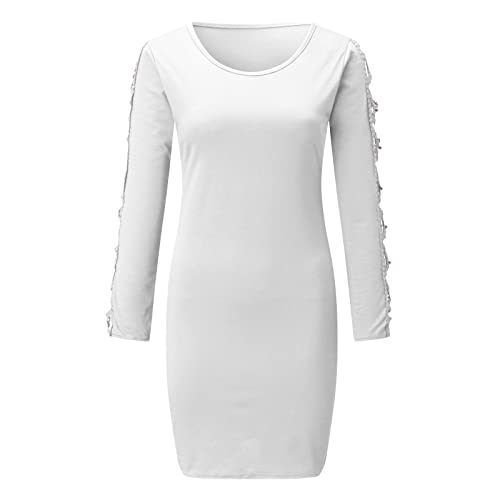 Lazzboy Strickkleid Damen Bodycon Pulloverkleid Sexy Perlen Aushöhlen Kleid Abend Party Minikleid Clubwear Partykleid Bleistiftkleid Figurbetont Elegant Tunika Cocktailkleid (Weiß,XL) von Lazzboy