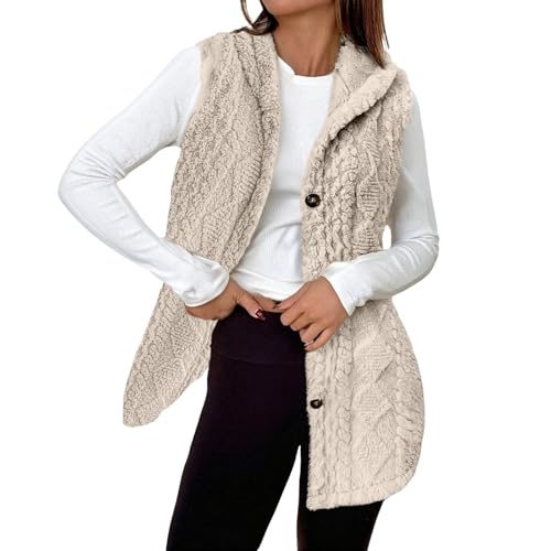 Lazzboy Strickweste Damen Ärmellos Weste Mit Kapuzen Einfarbig Pullover Lockere Passform Strickwesten Cardigan Knopf V Hals Stricken Casual Strickjacke Damenweste (Beige,M) von Lazzboy