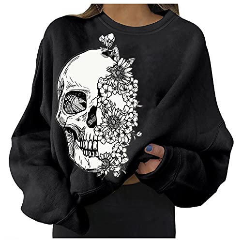 Lazzboy Sweatshirt Damen Oversized Halloween Totenkopf Druck Pullover Langarm Bedruckte Sweatshirts Für Lockerer Rundhalsausschnitt Langärmeliges Herbst Und Winter (Schwarz-Blume,XXL) von Lazzboy