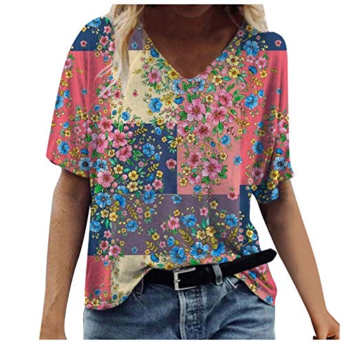 Lazzboy T-Shirts Frauen Blumendruck Sommer Gedruckt Kurzarm T-Shirt Mit V-Ausschnitt Casual Damen Basic Tops Für Rundhals Lockere Oberteile Shirts (Rosa,M) von Lazzboy