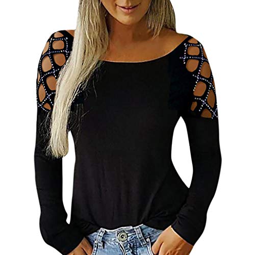 Lazzboy T-Shirts Mädchen Pullover Cutout Rundhalsausschnitt Aushöhlen Nieten Langarm T-Shirts Tops Sweatshirt Damen Off Shoulder Top Blusen Frauen Einfarbige (Schwarz,S) von Lazzboy