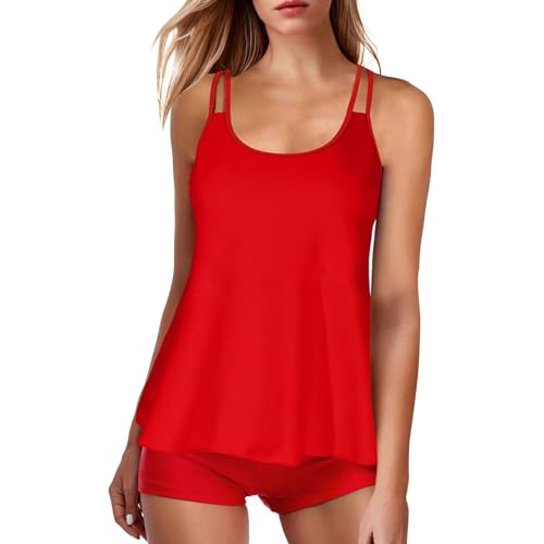 Lazzboy Tankini Damen Bauchweg Badeanzug Bademode Set Freizeit Zweiteiler Tankinis Sommer Elegant Badeanzüge Für Oberteil Mit Badeshorts S-2XL (Rot,L) von Lazzboy