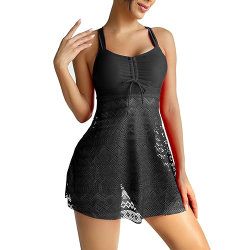 Lazzboy Tankini Damen Bauchweg Badekleid Spitze Beachwear Push Up Einfarbig Badeanzug Plus Size Swimsuit Elegant Einteiliger Mit Brustpolster Badeanzugkleid Große Größe (Schwarz,4XL) von Lazzboy