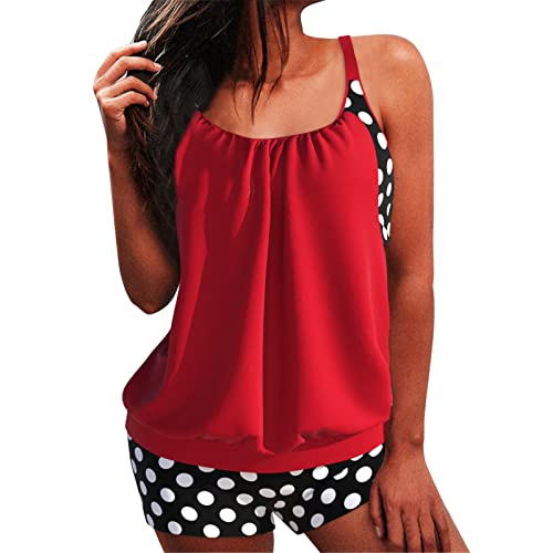 Lazzboy Tankini Damen Bauchweg Blumendruck Tankinis Oberteile Bikinihosen Badeanzug Frau Zweiteilig Bademode Badeanzüge Mit Hotpants Hoher Taille Badebekleidung (Rot,4XL) von Lazzboy