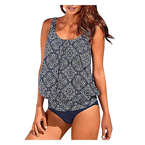 Lazzboy Tankini Damen Blumendruck/streifendruck Bauchweg Bedruckter Badeanzug Zweiteiler Bikini Sets Push Up Swimsuit Gepolsterte Bademode Beachwear Frauen Badeanzüge S-2XL (Grau,XL) von Lazzboy