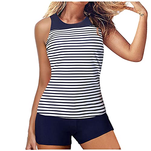 Lazzboy Tankini Frauen Badeanzug High Waist Bauch Control Top Mit Shorts Zweiteiliger Plus Size Floral/Leopardenmuster/Streifen Halfter Set Boyshort Zweiteiligen (Blau,M) von Lazzboy