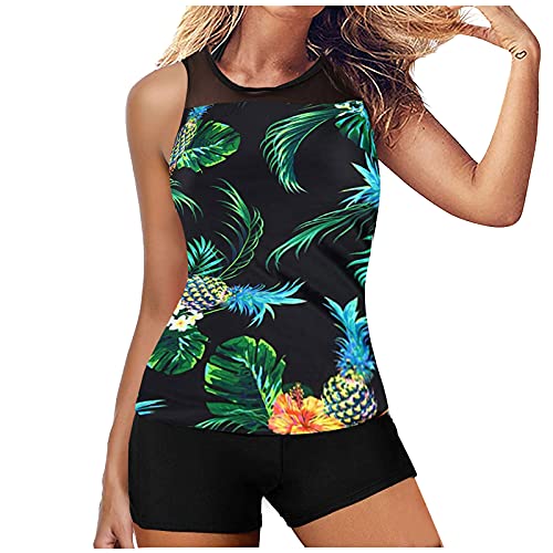 Lazzboy Tankini Frauen Badeanzug High Waist Bauch Control Top Mit Shorts Zweiteiliger Plus Size Floral/Leopardenmuster/Streifen Halfter Set Boyshort Zweiteiligen (Grün,L) von Lazzboy