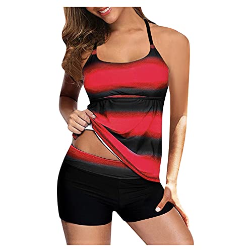 Lazzboy Tankinis Damen Frauen Plus Size Print Riemchen Zurück Streifen Tankini Set Zweiteilige Badeanzüge Badeanzug Bauchweg Frau Bademode Mit Hotpants Badebekleidung S-5XL (Rot,XXL) von Lazzboy