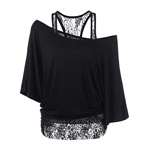 Lazzboy Tops Frauen Plus Size Lace Loose Casual Langarm Bluse Shirt Damen Fledermaus Batwing Tunika T-Shirt Top Kurzarm Rundkragen Sommer Fit Blusen & Tuniken (Schwarz,L) von Lazzboy