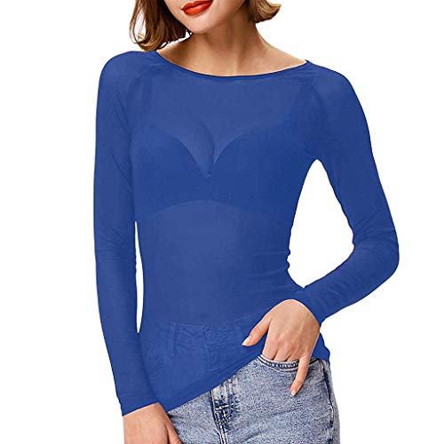 Lazzboy Tops Solide Durchsichtige Damen Langarm Nahtlose Armformer Top Mesh Shirt Bluse Leichtes Transparent Tüll Body T-Shirt Tunika Multicolor(Blau,M) von Lazzboy