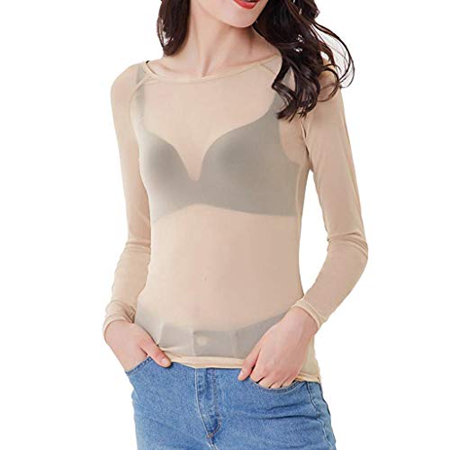Lazzboy Tops Solide Durchsichtige Damen Langarm Nahtlose Armformer Top Mesh Shirt Bluse Leichtes Transparent Tüll Body T-Shirt Tunika Multicolor(Khaki,M) von Lazzboy