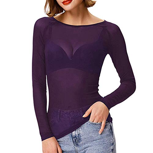 Lazzboy Tops Solide Durchsichtige Damen Langarm Nahtlose Armformer Top Mesh Shirt Bluse Leichtes Transparent Tüll Body T-Shirt Tunika Multicolor(Lila,2XL) von Lazzboy