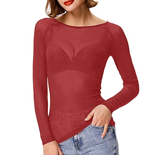 Lazzboy Tops Solide Durchsichtige Damen Langarm Nahtlose Armformer Top Mesh Shirt Bluse Leichtes Transparent Tüll Body T-Shirt Tunika Multicolor(Rot,S) von Lazzboy